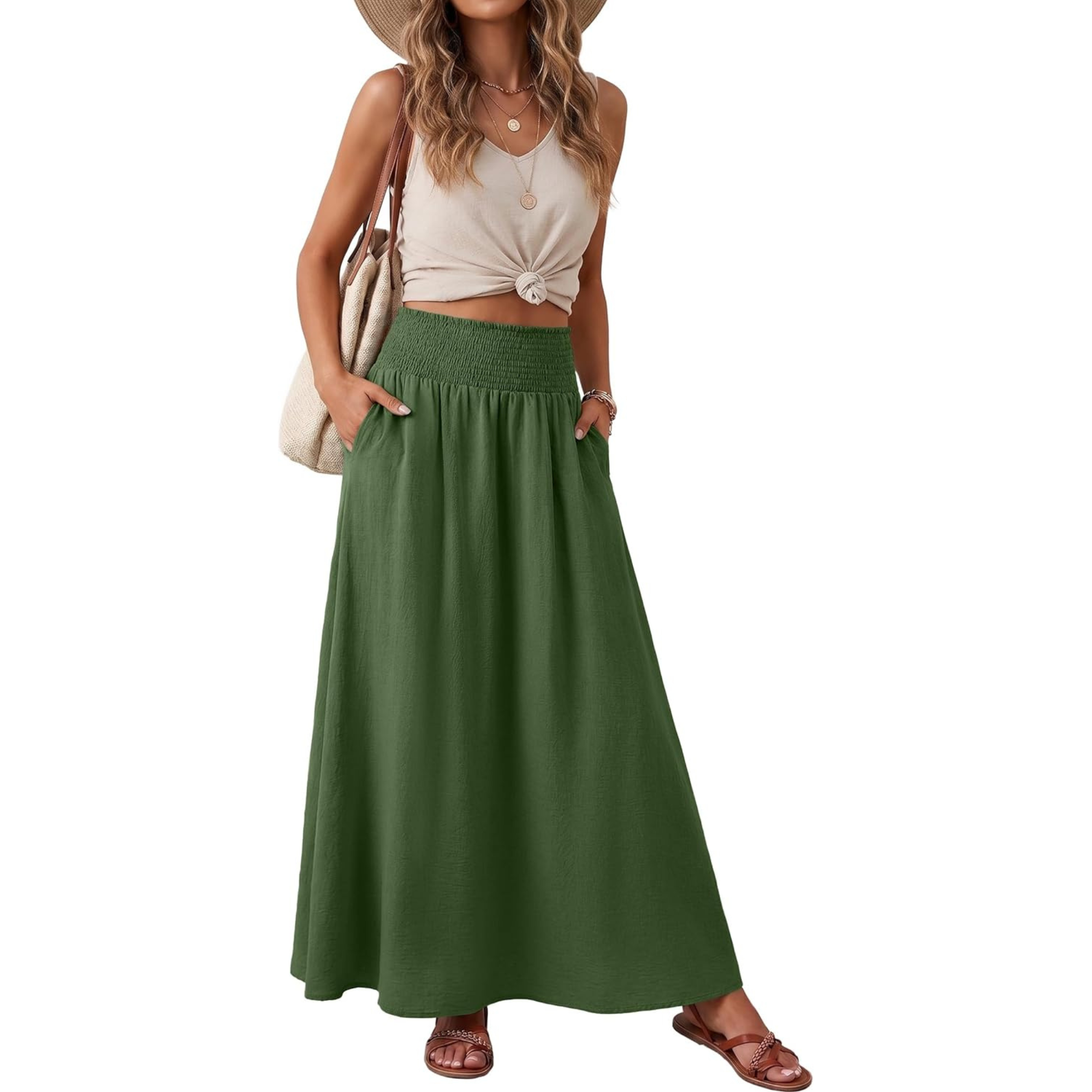 High Rise Pleated Boho Maxi Skirt With Pockets