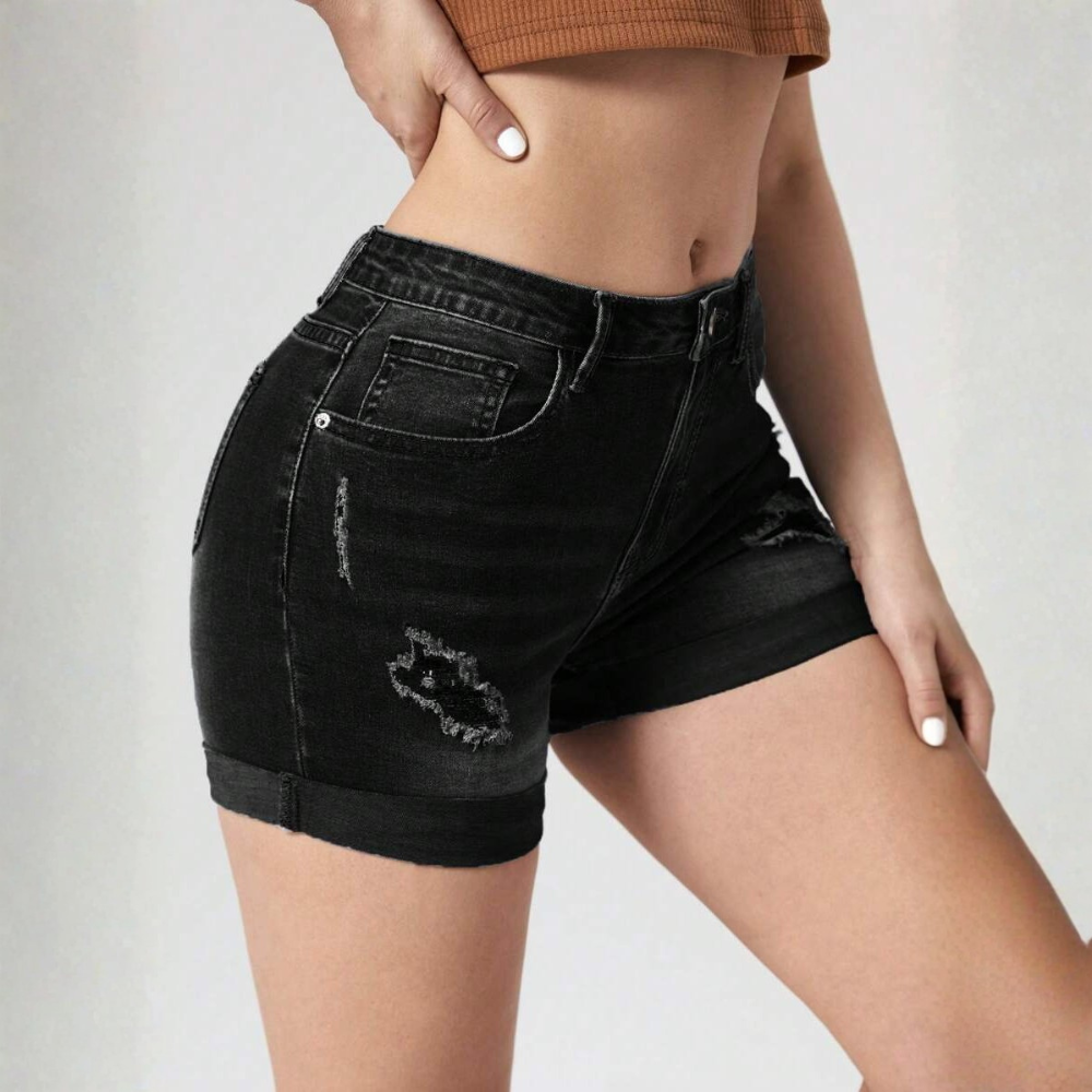 High Waist Frayed Edge Denim Shorts For Womens