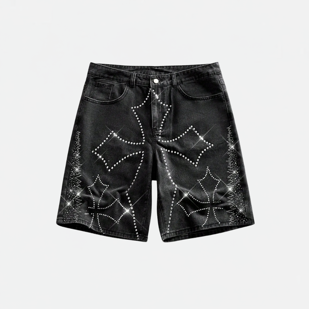 Men’s Washed Denim Shorts With Rhinestone Design