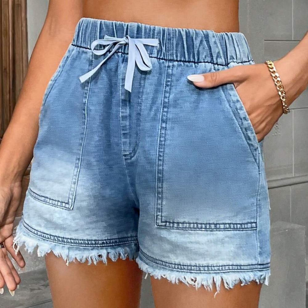 Casual Drawstring Frayed Hem Denim Shorts For Women