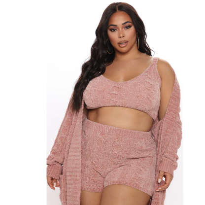 Cable Knit Crop Sweater Shorts And Cardigan 3 Piece Set For Women