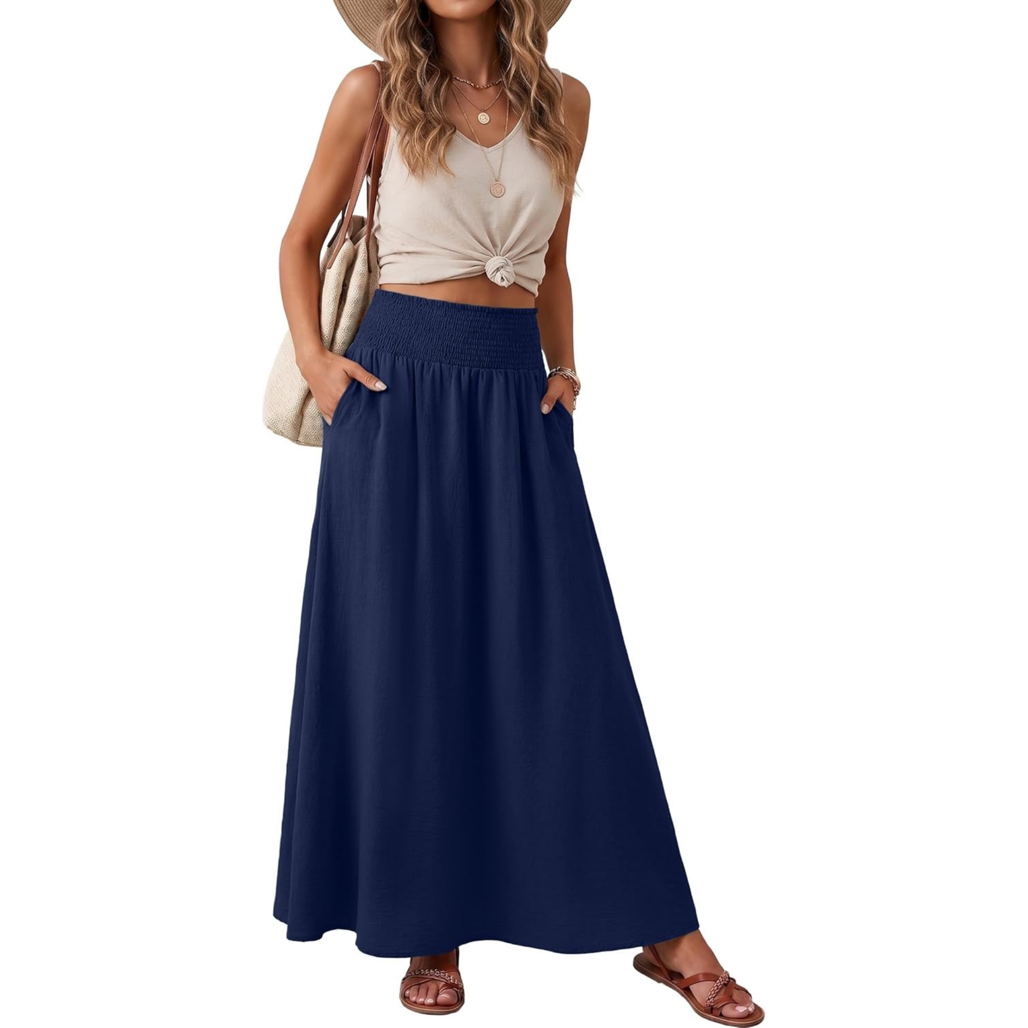 High Rise Pleated Boho Maxi Skirt With Pockets