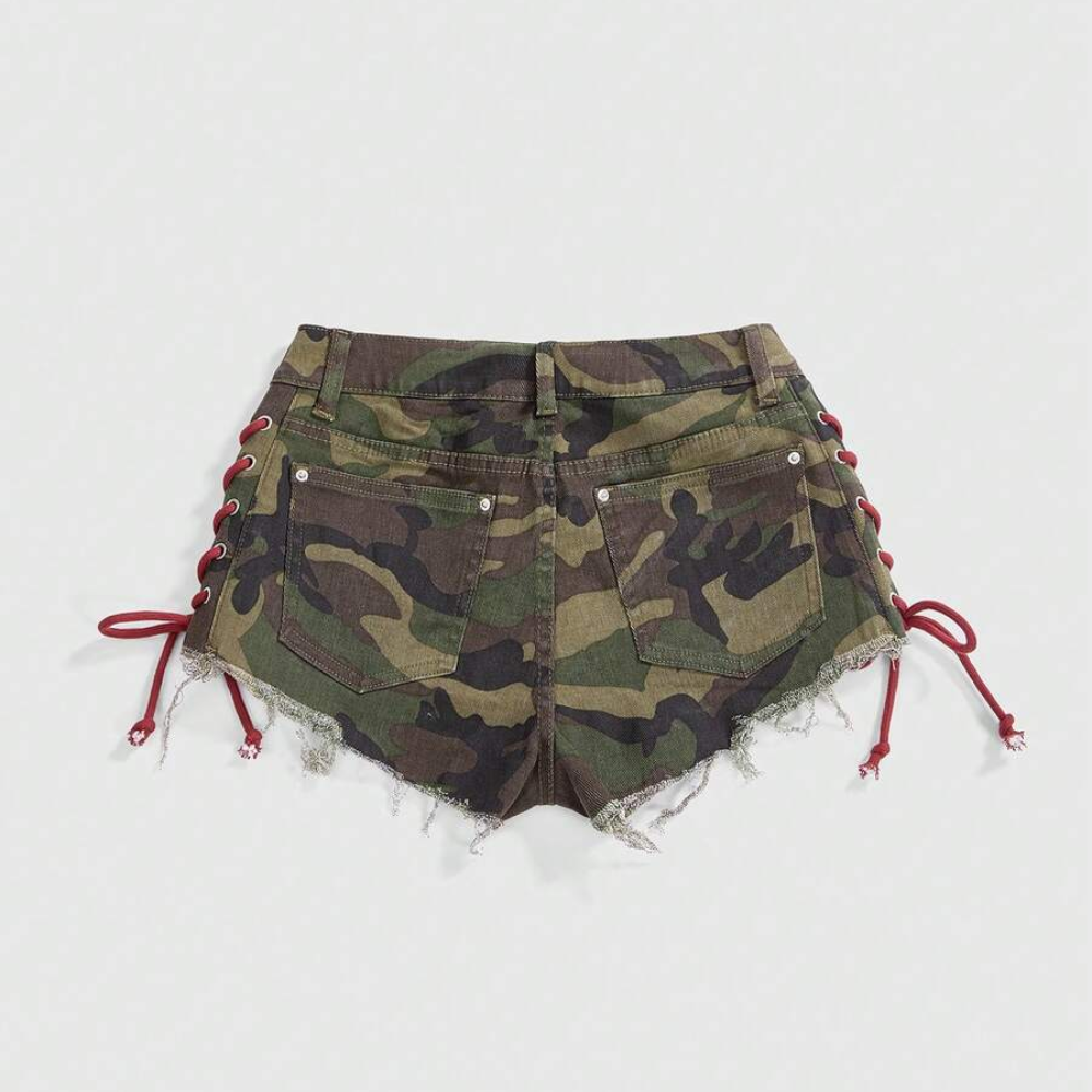 Spring And Summer Retro Sports Embroidered Drawstring Low Waist Shorts For Women