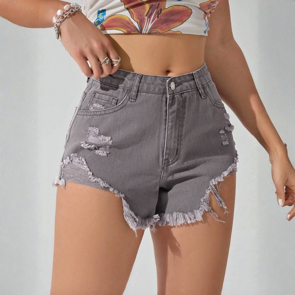 Fringe And Hem Everyday Denim Shorts Y2k Ripped For Women