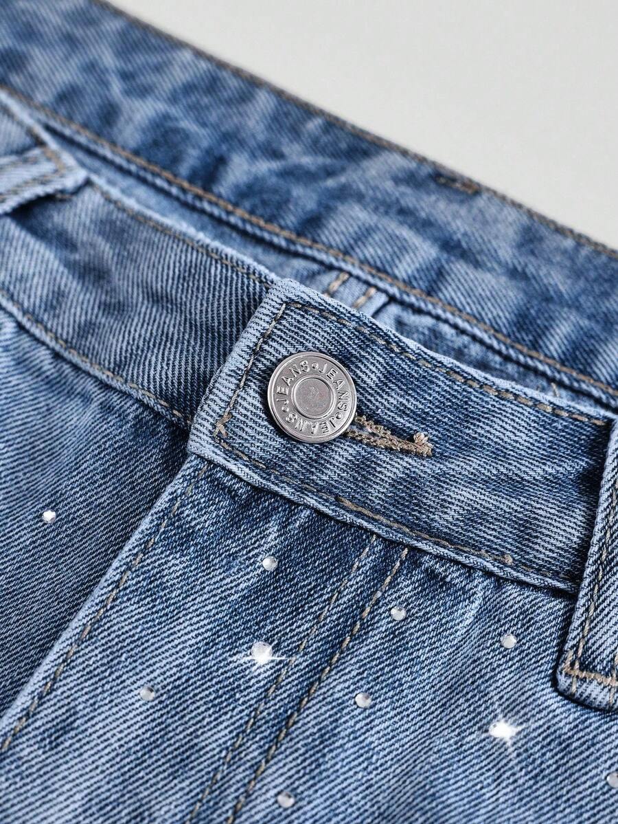 Women's Rhinestone Embellished Washed Denim Straight Leg Shorts - Medium Wash - View 3