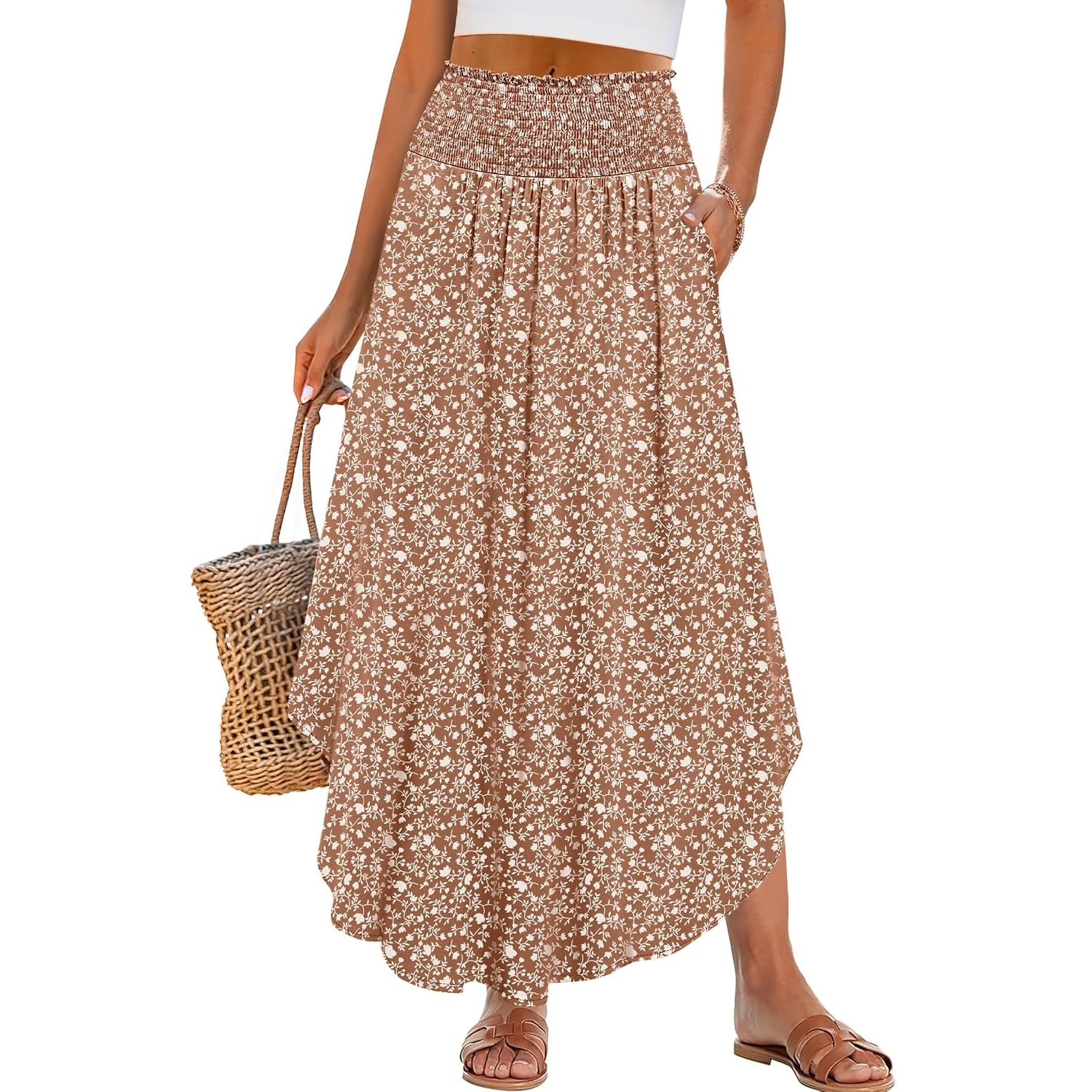 Summer Boho Floral Flowy Pleated Maxi Skirts With Pockets For Women