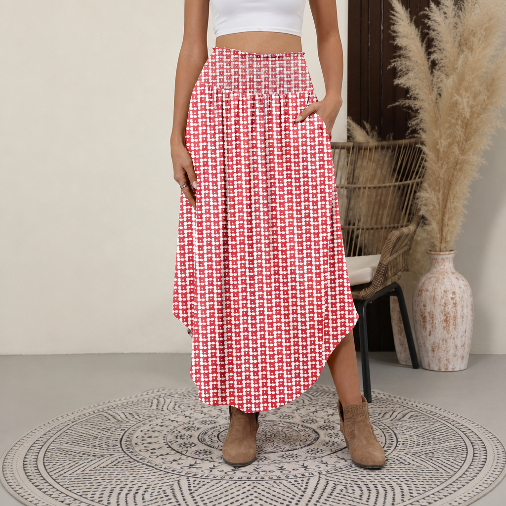 Summer Boho Floral Flowy Pleated Maxi Skirts With Pockets For Women