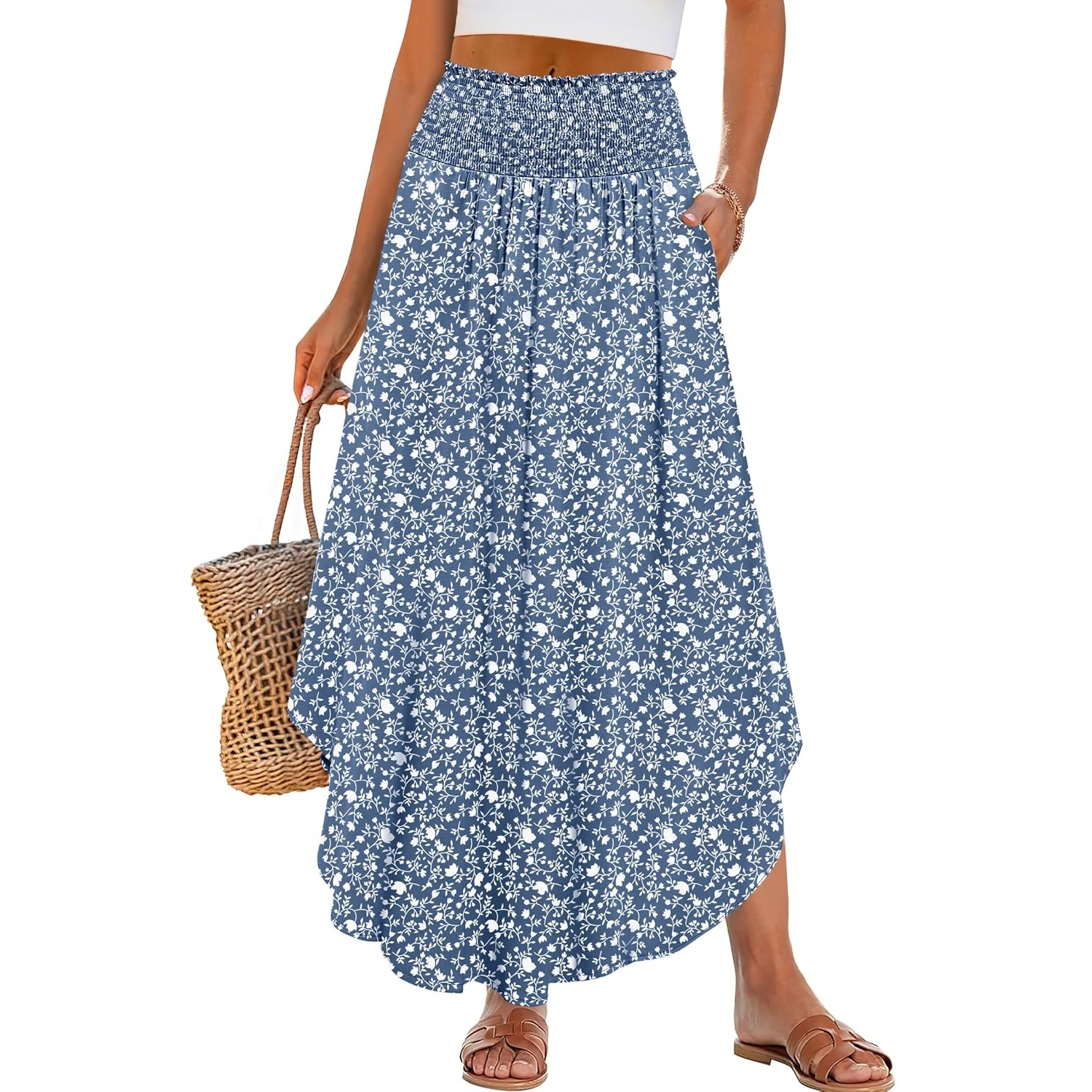 Summer Boho Floral Flowy Pleated Maxi Skirts With Pockets For Women