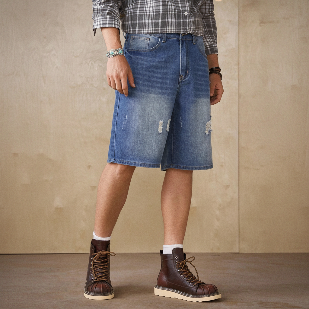 Loose Fit Vintage Washed Casual Denim Shorts For Men
