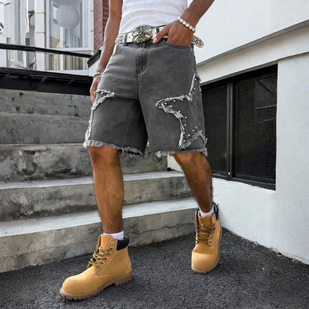 Men’s Distressed Wide Leg Denim Shorts Streetwear