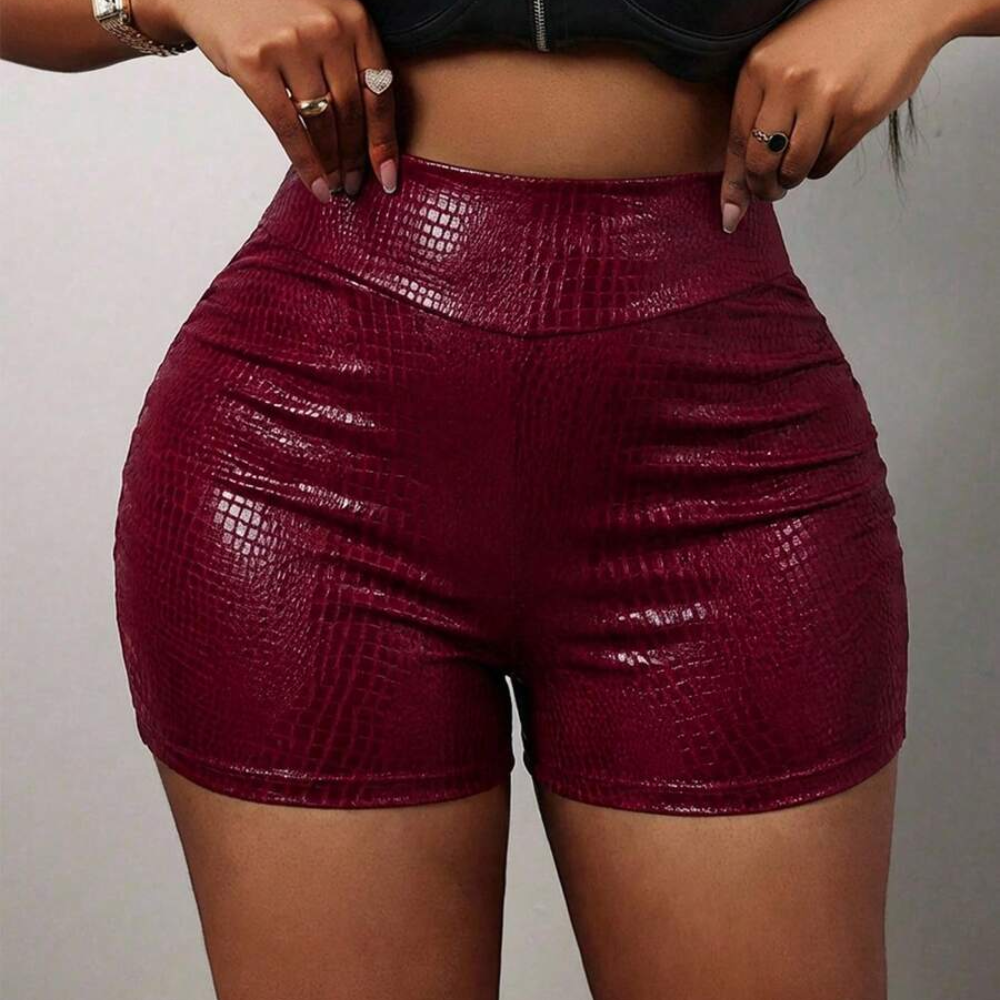 Elegant High Faux Leather Pleated Slim Shorts For Women