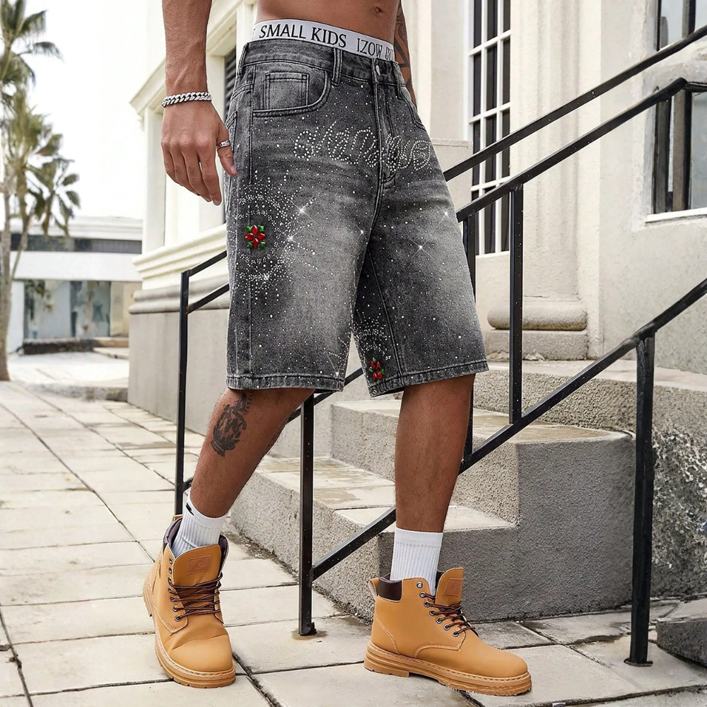 Men’s Washed Denim Shorts With Rhinestone Design