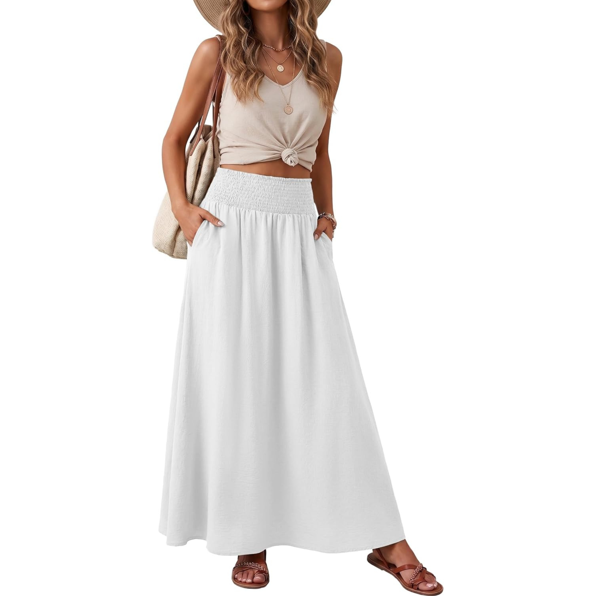 High Rise Pleated Boho Maxi Skirt With Pockets