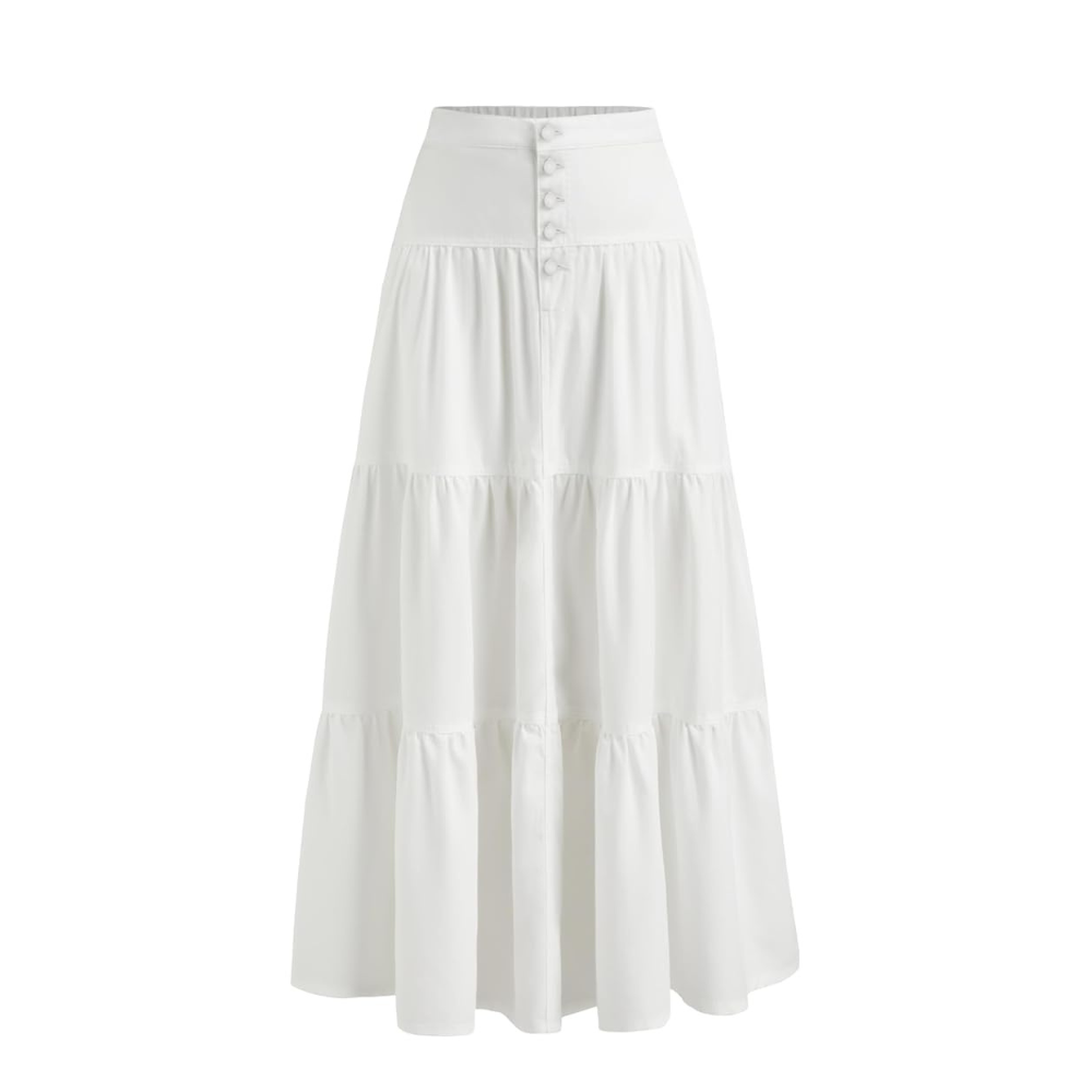Long Tiered Button Down Denim Skirt For Women