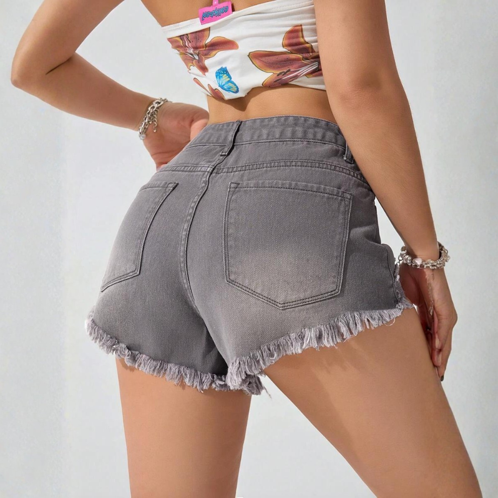 Fringe And Hem Everyday Denim Shorts Y2k Ripped For Women