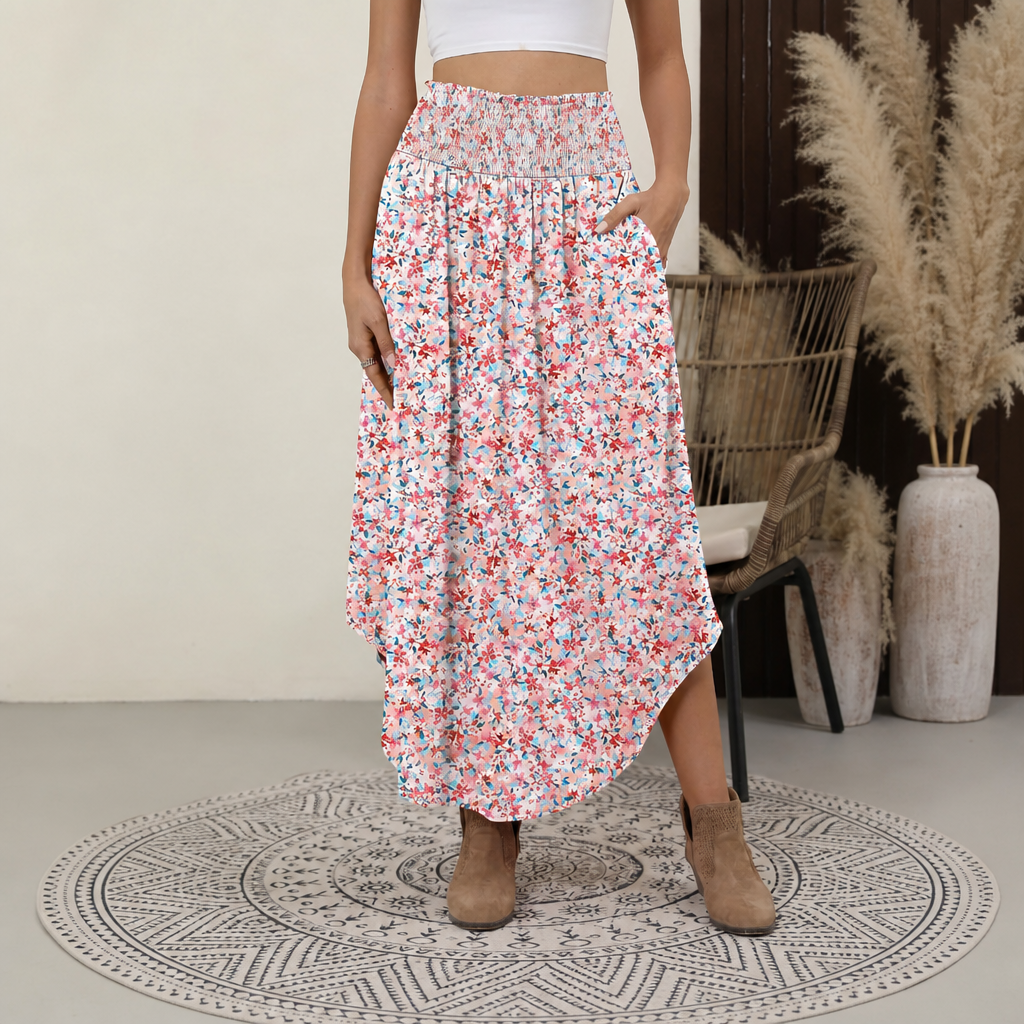 Summer Boho Floral Flowy Pleated Maxi Skirts With Pockets For Women