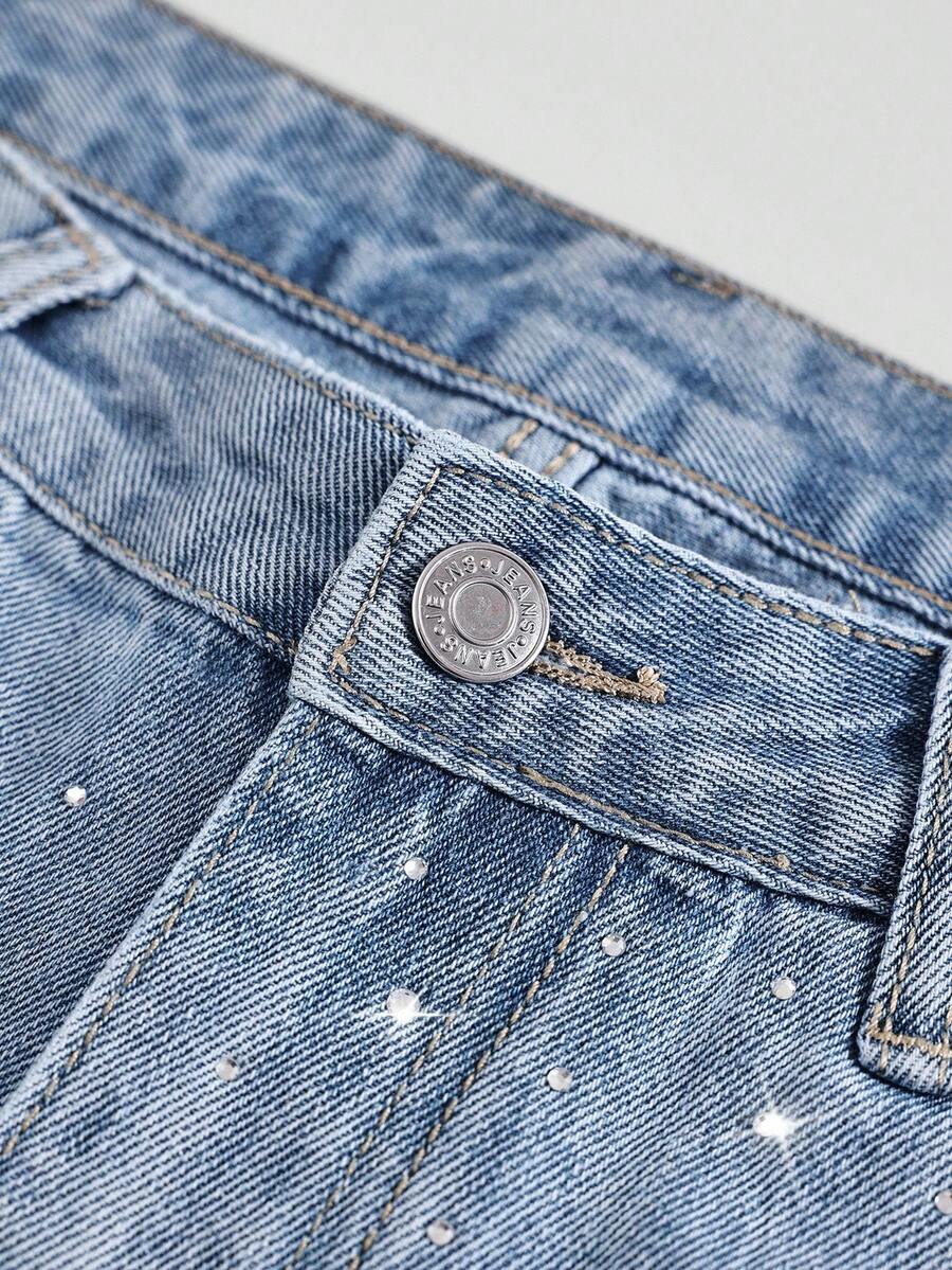 Women's Rhinestone Embellished Washed Straight Leg Denim Shorts - Light Wash - View 4