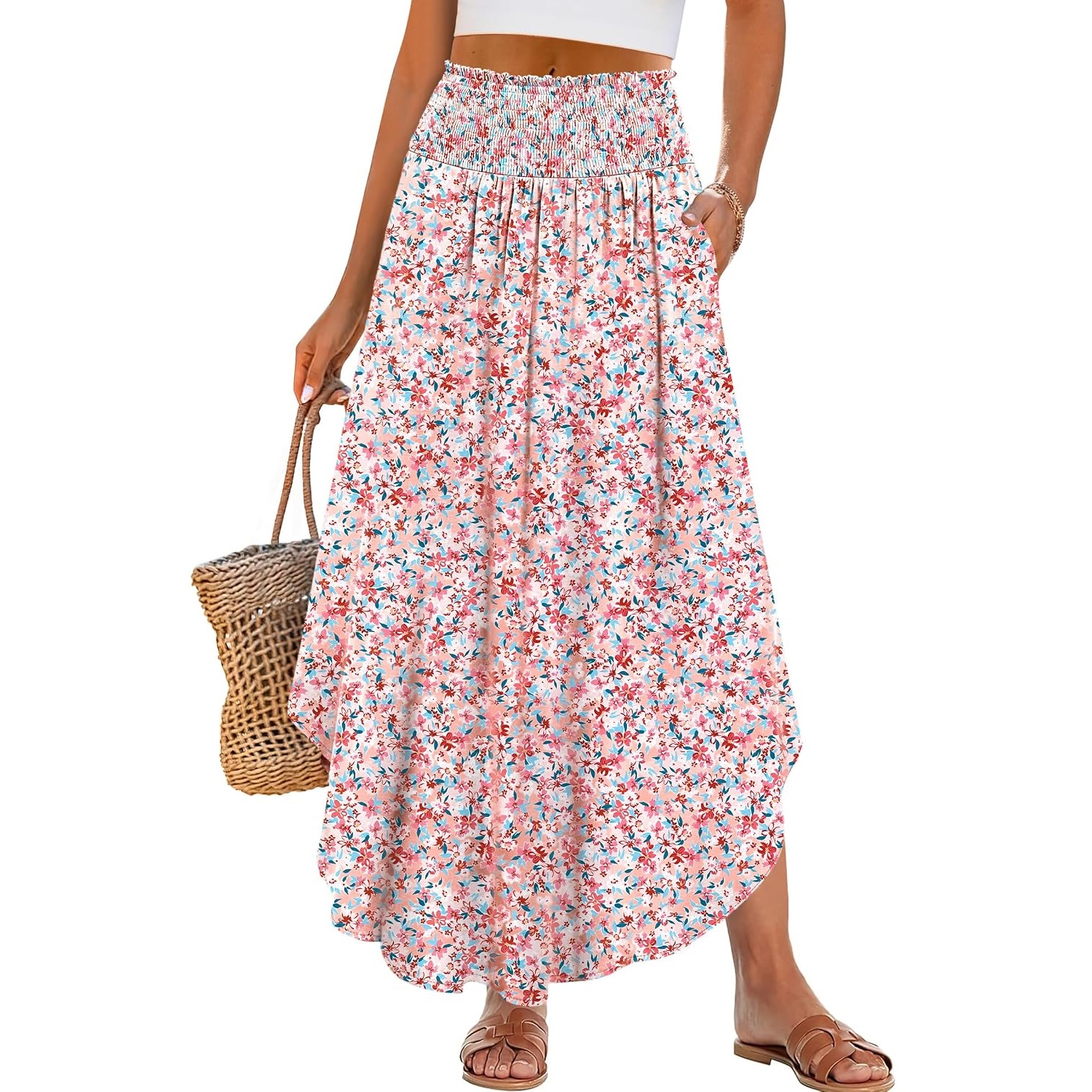Summer Boho Floral Flowy Pleated Maxi Skirts With Pockets For Women