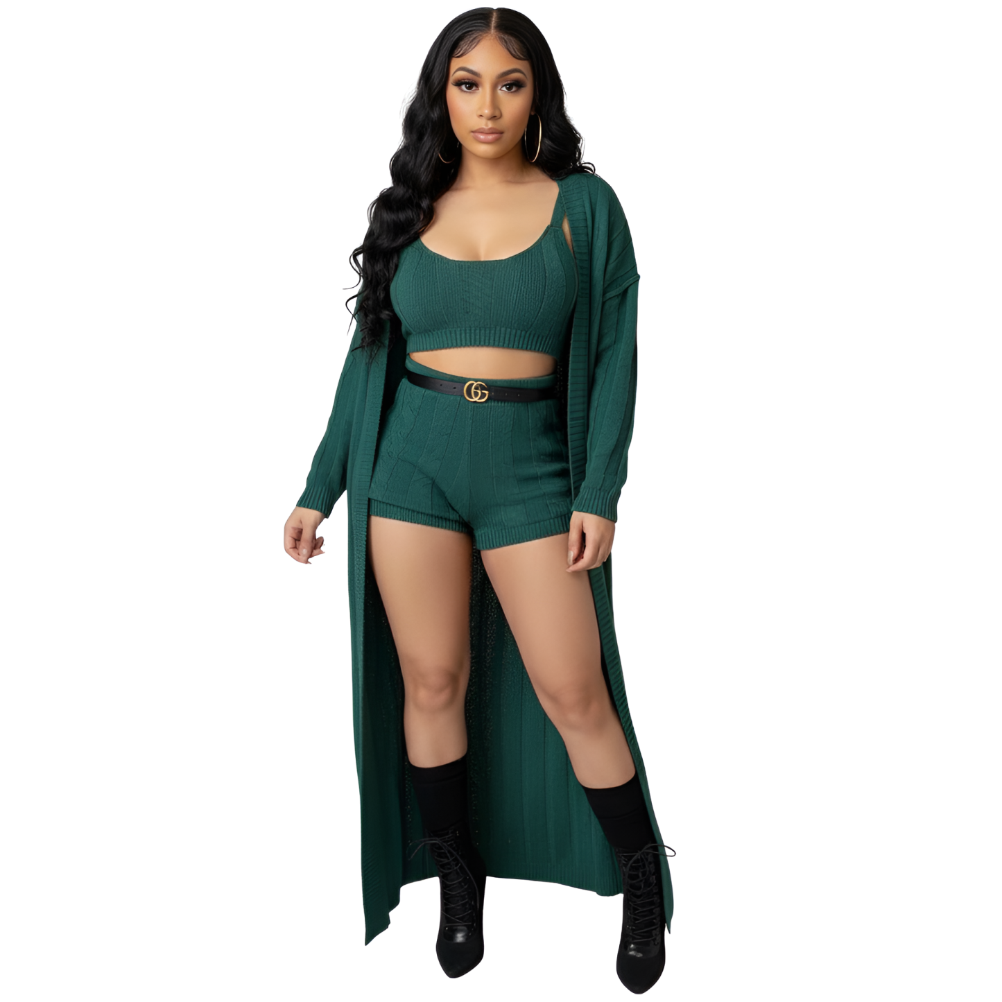 Cable Knit Crop Sweater Shorts And Cardigan 3 Piece Set For Women