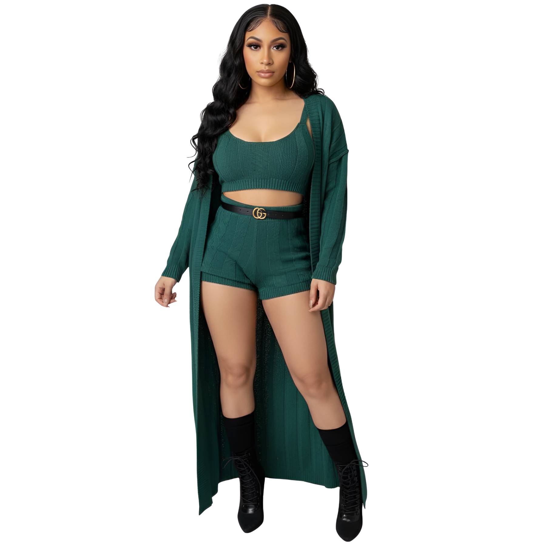 Cable Knit Crop Sweater Shorts And Cardigan 3 Piece Set For Women