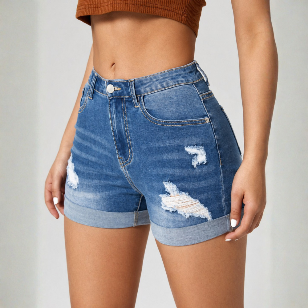 High Waist Frayed Edge Denim Shorts For Womens