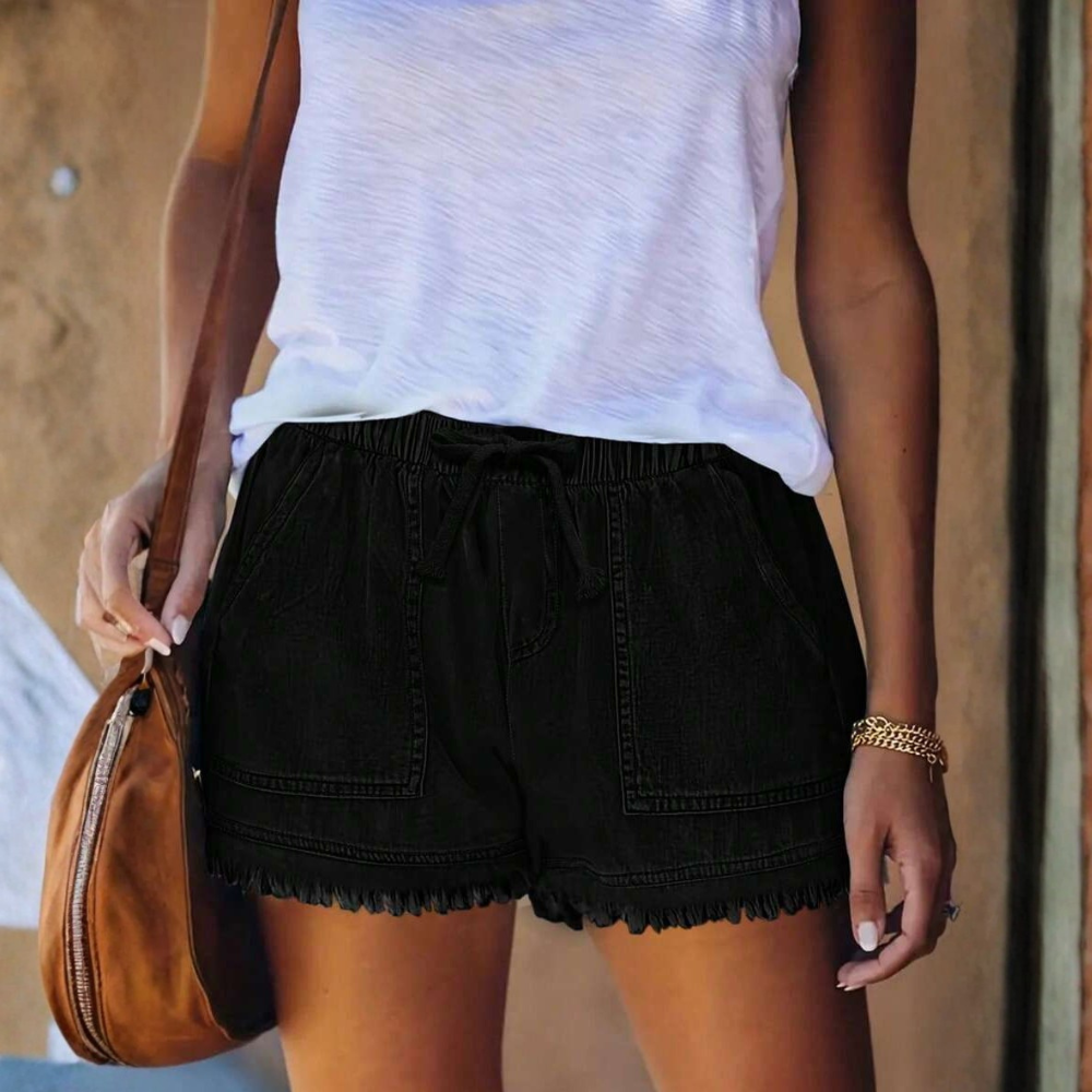 Casual Elasticated Fringe Trim Denim Shorts For Women