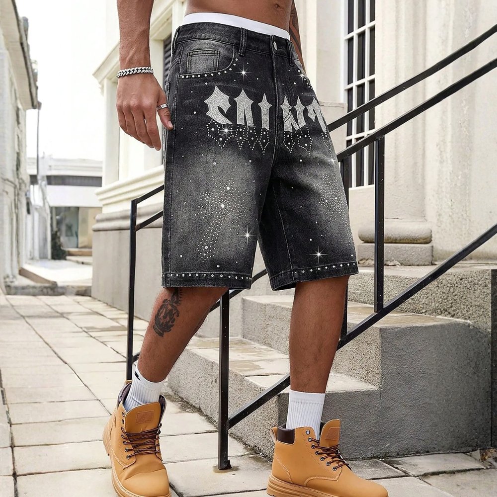 Men’s Washed Denim Shorts With Rhinestone Design