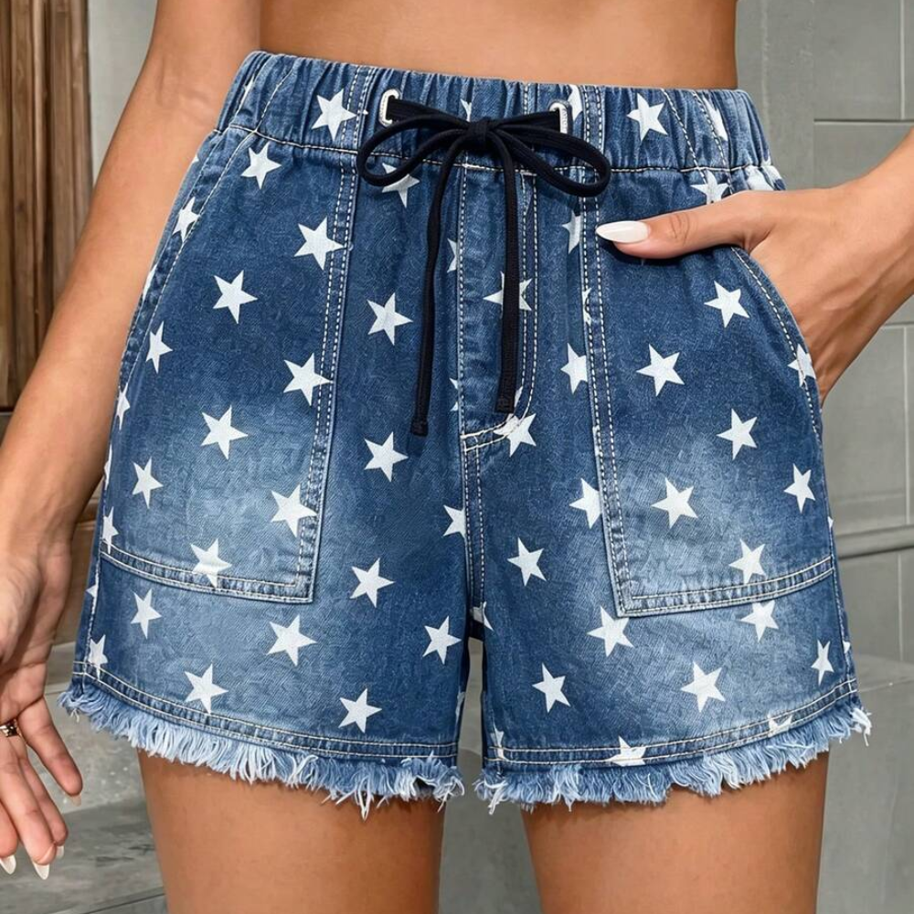 Casual Drawstring Frayed Hem Denim Shorts For Women