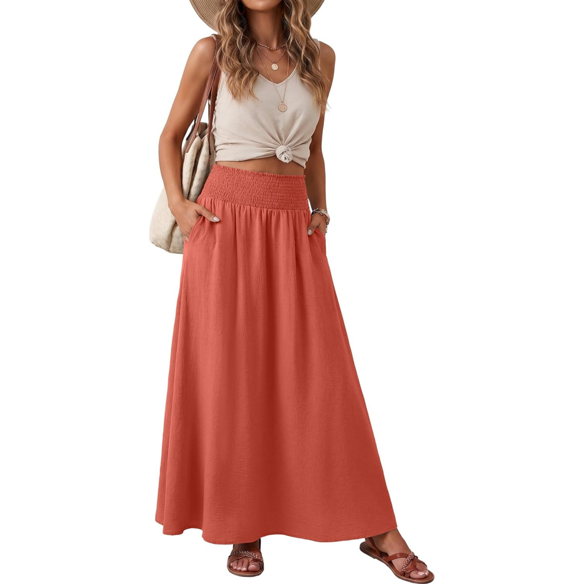 High Rise Pleated Boho Maxi Skirt With Pockets