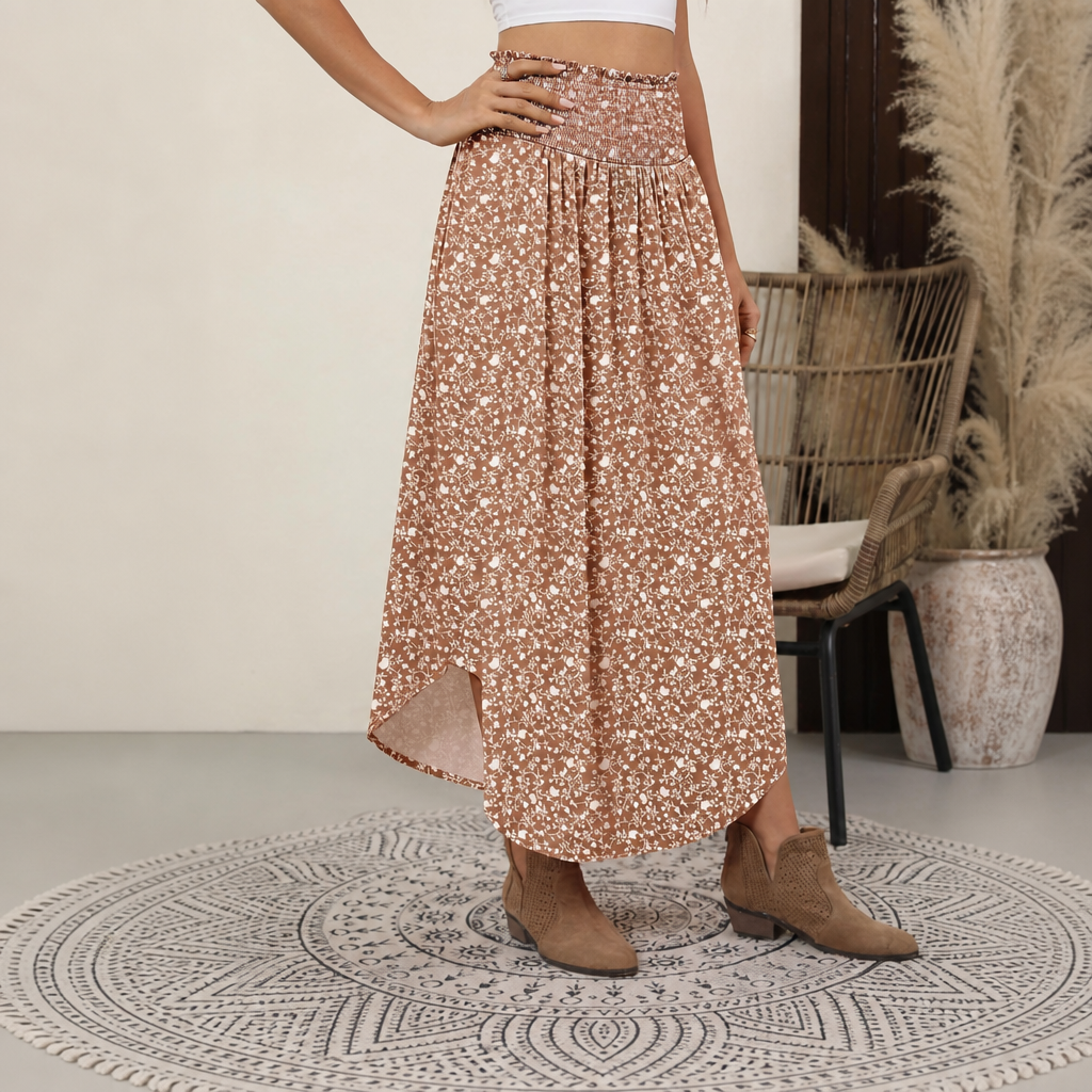 Summer Boho Floral Flowy Pleated Maxi Skirts With Pockets For Women