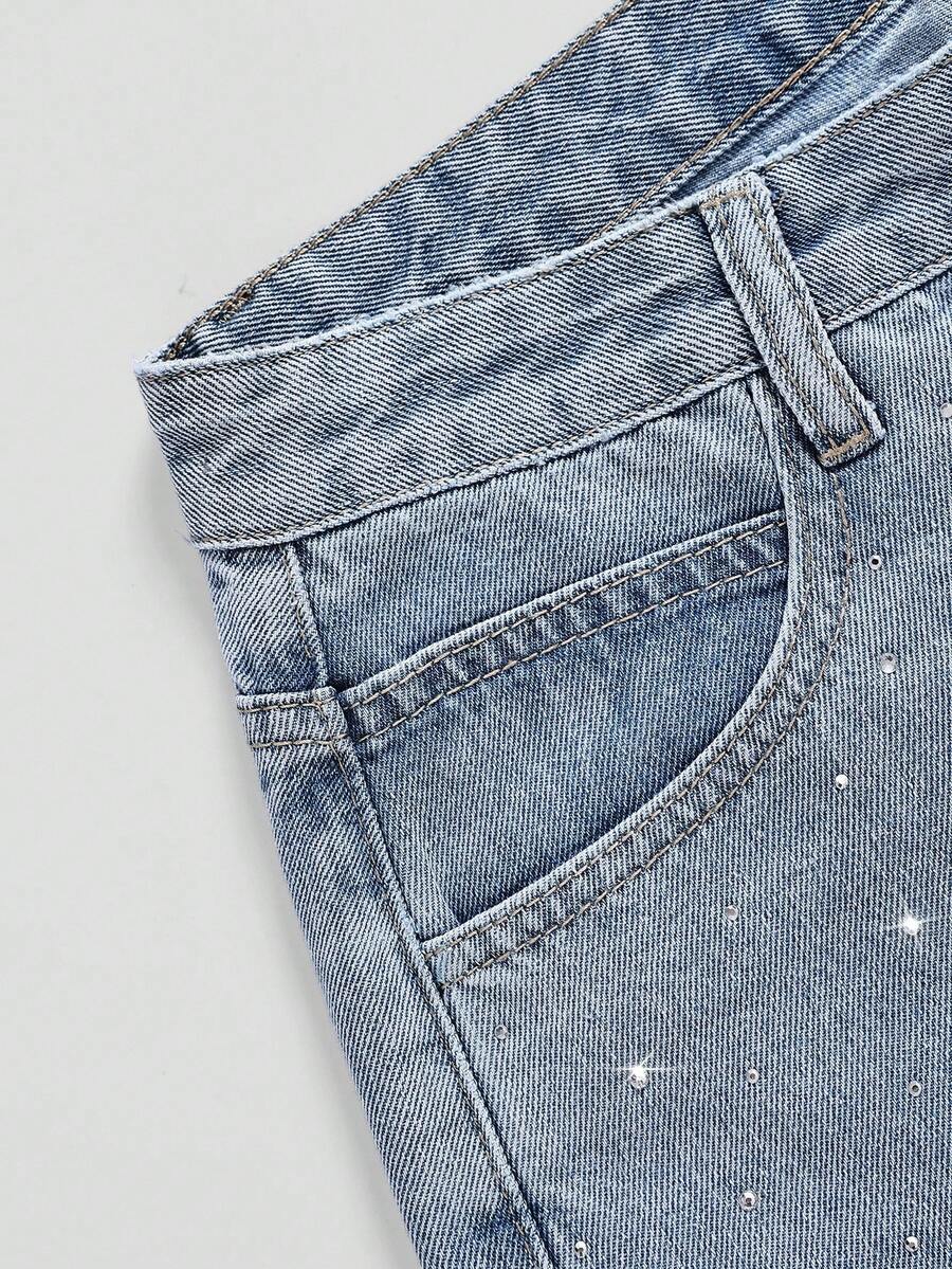 Women's Rhinestone Embellished Washed Straight Leg Denim Shorts - Light Wash - View 3