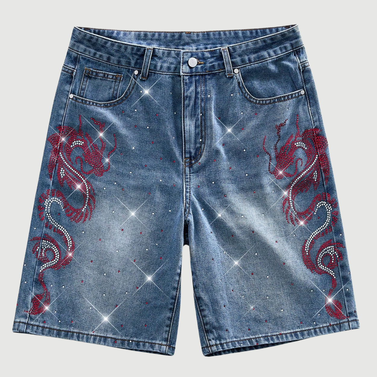 Sparkling Diamond Star Patch Casual Denim Shorts