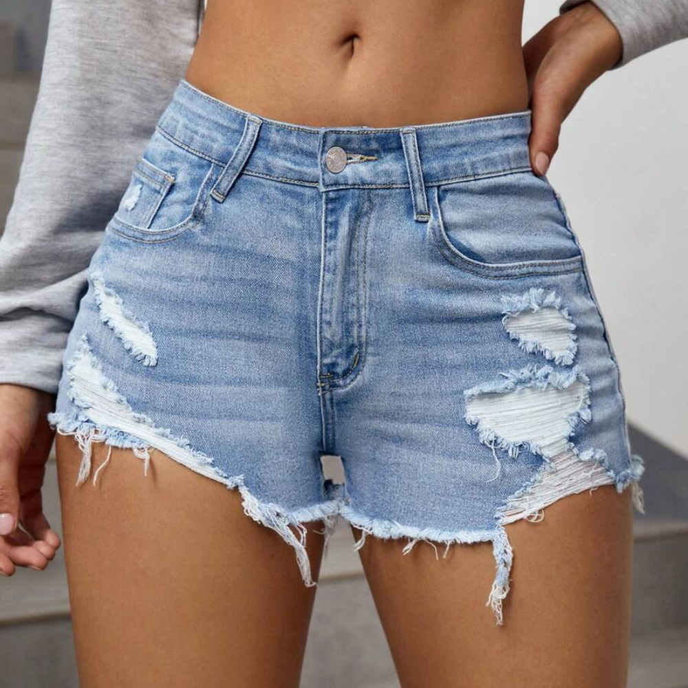 Washed Ripped Versatile Skinny Shorts For Women
