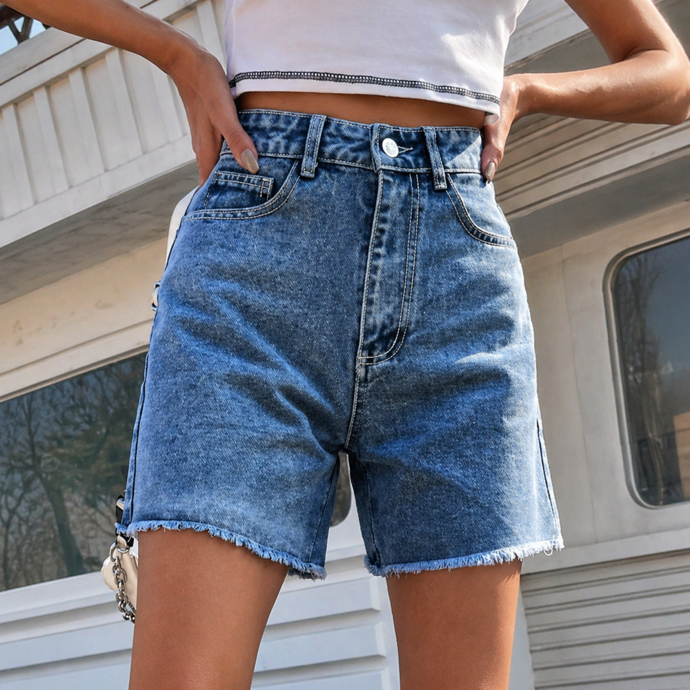 Casual Washed Raw Hem Slant Pocket Denim Shorts For Women