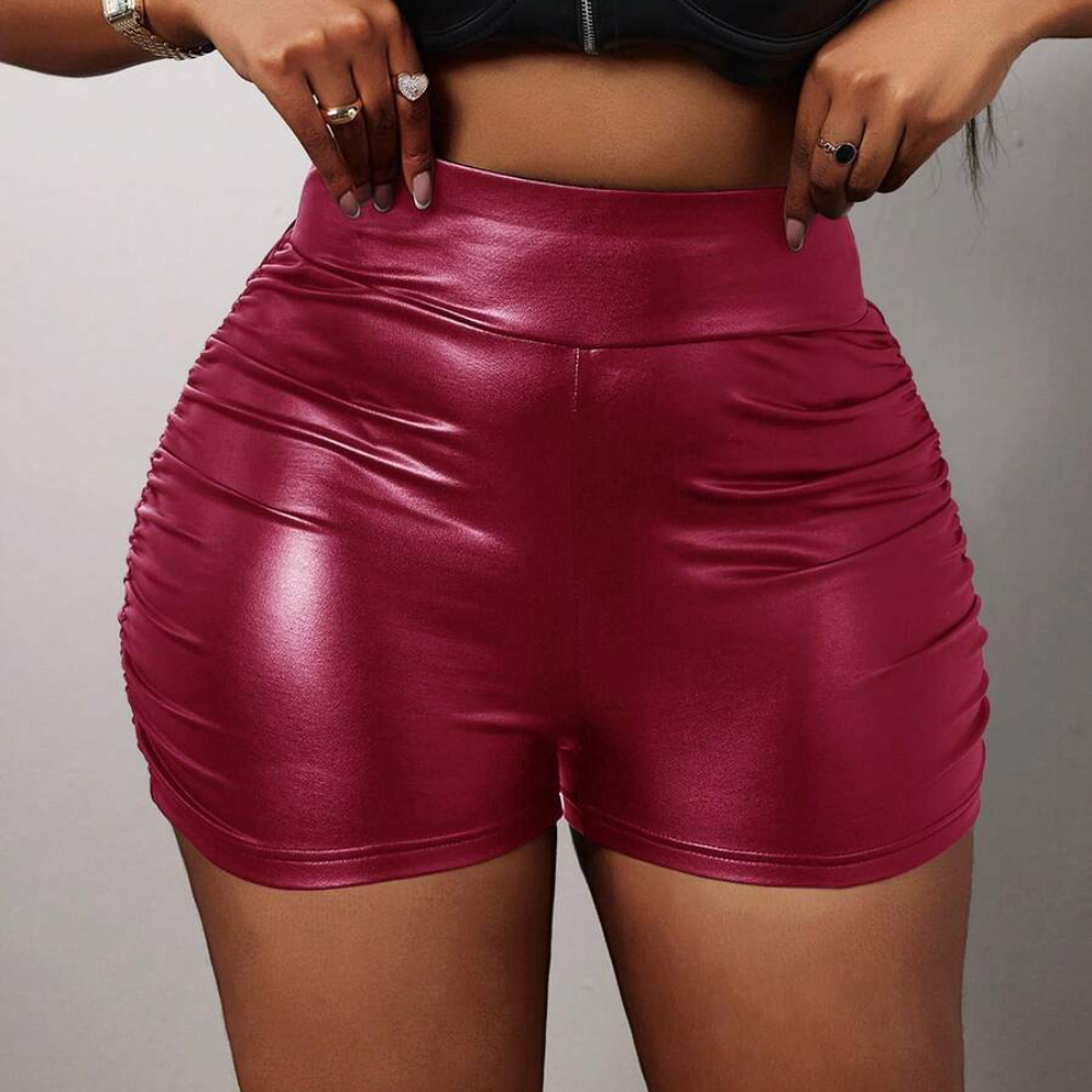 Elegant High Faux Leather Pleated Slim Shorts For Women