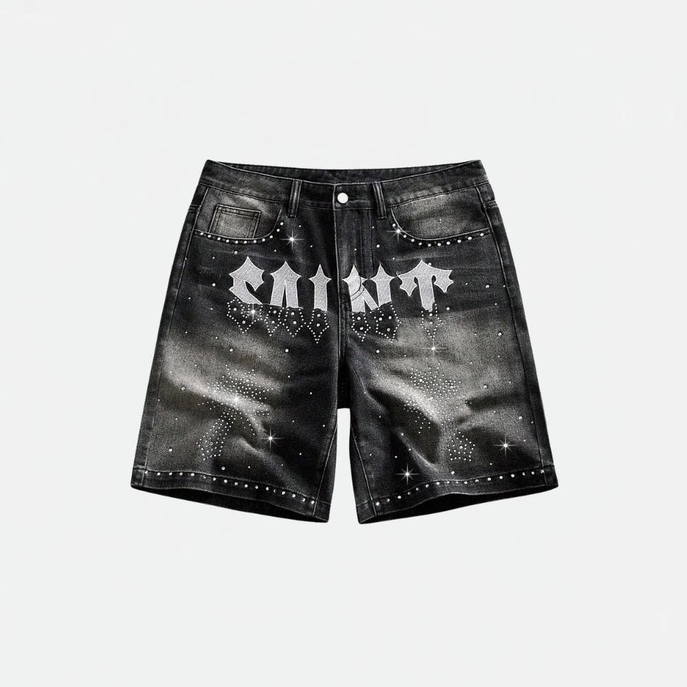 Men’s Washed Denim Shorts With Rhinestone Design