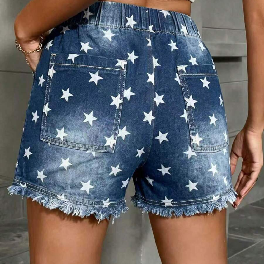 Casual Drawstring Frayed Hem Denim Shorts For Women
