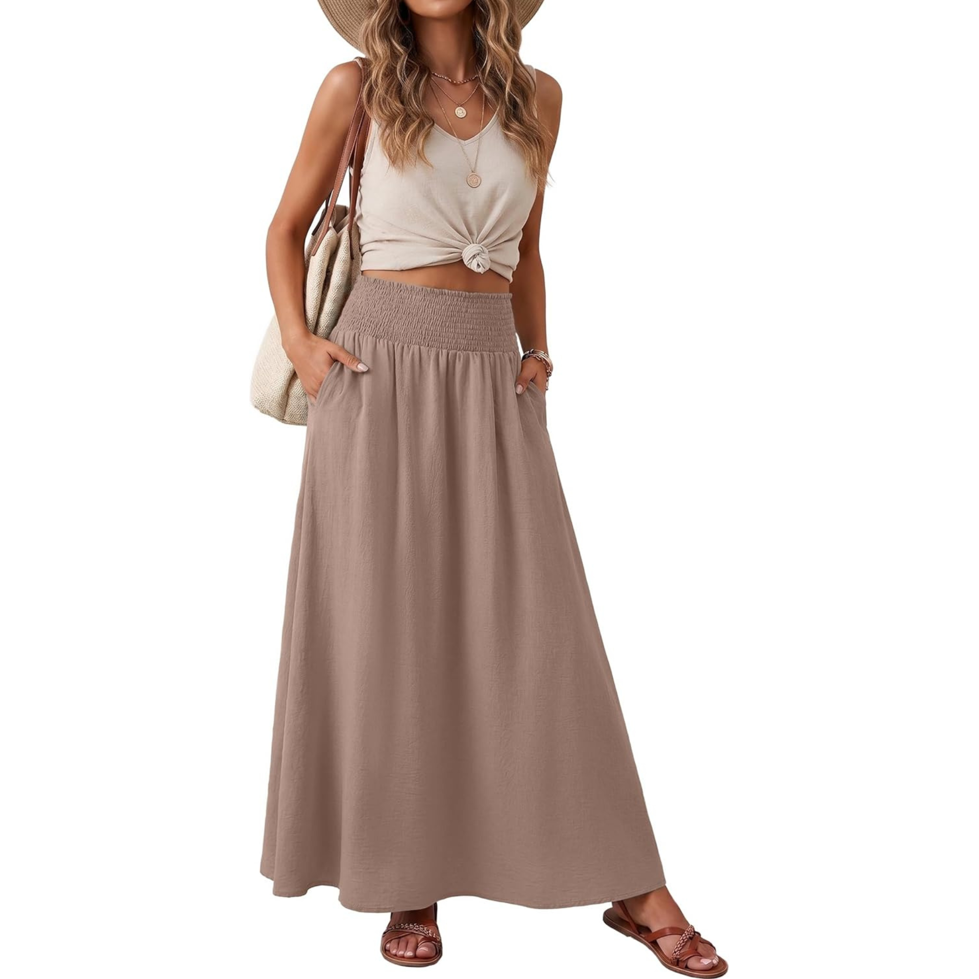 High Rise Pleated Boho Maxi Skirt With Pockets