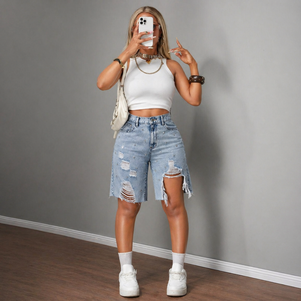 And Low Loose Ripped Denim Shorts High Waist Low Waist Autumn Vintage For Women
