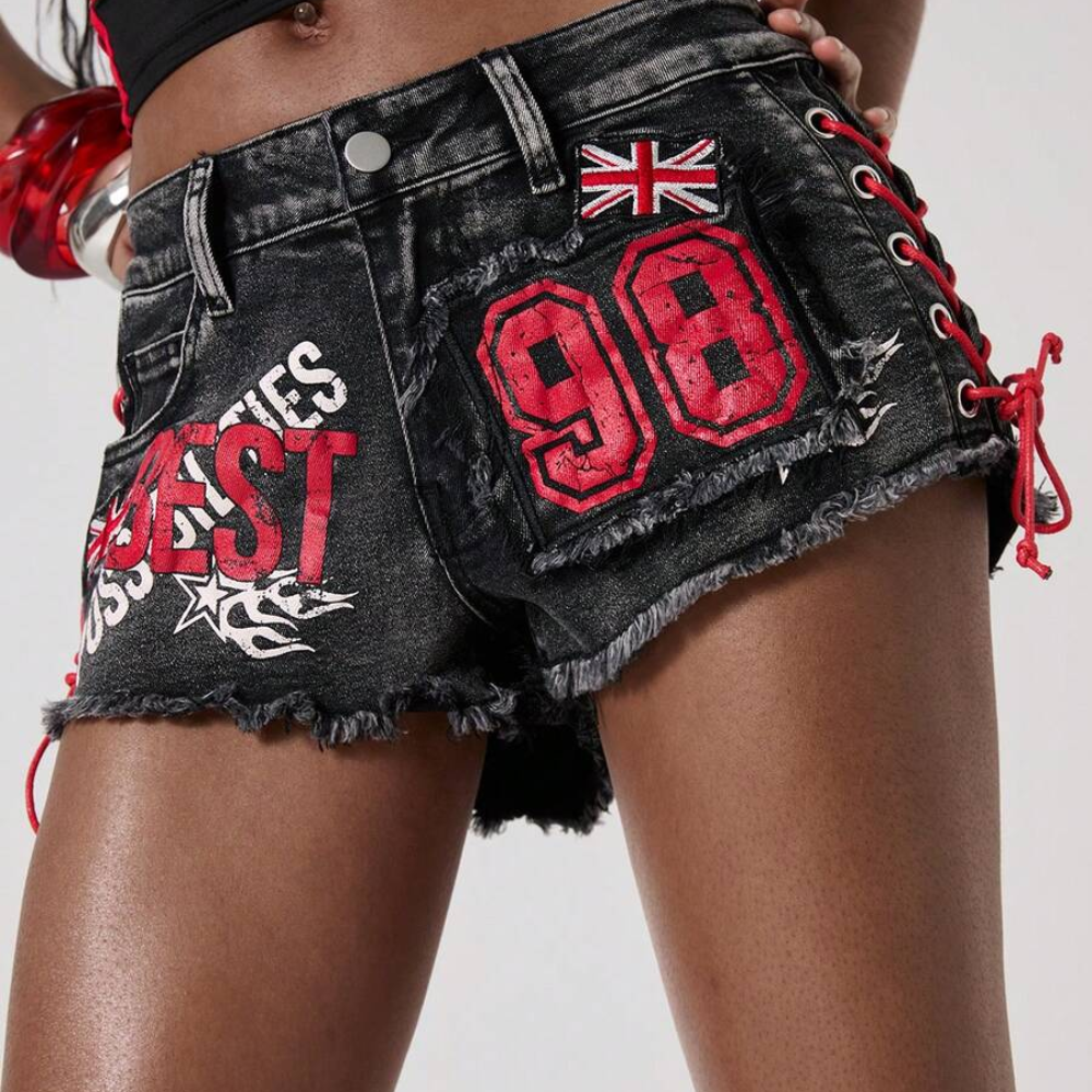 Spring And Summer Retro Sports Embroidered Drawstring Low Waist Shorts For Women