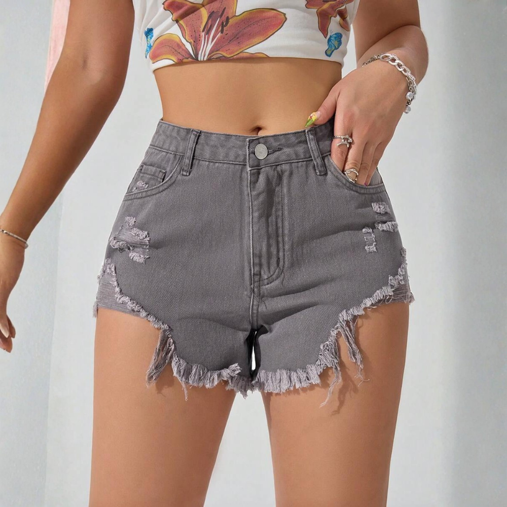 Fringe And Hem Everyday Denim Shorts Y2k Ripped For Women