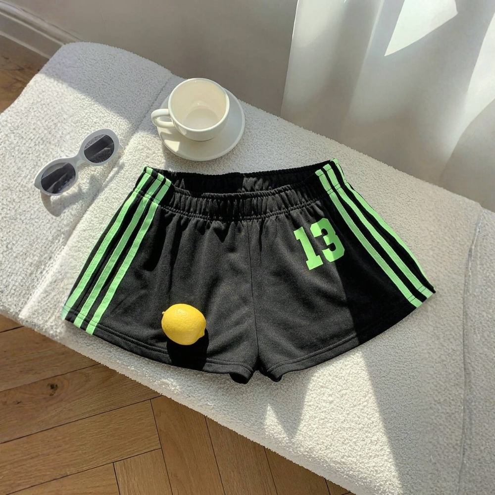 Vintage Washed Knit Cotton Striped Wide Shorts For Women