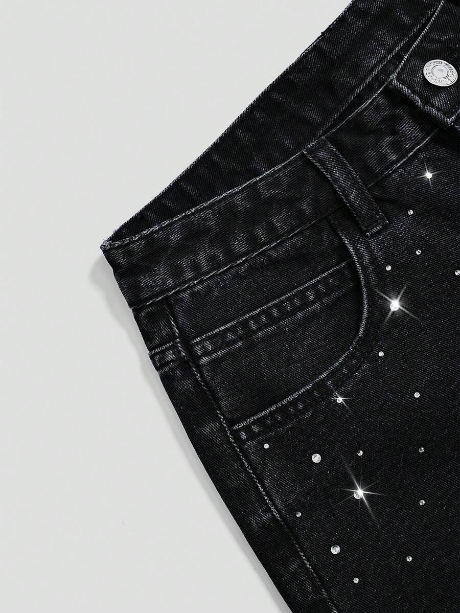 Breezaya Women's Rhinestone Embellished Washed Straight Leg Denim Shorts - Black - View 3