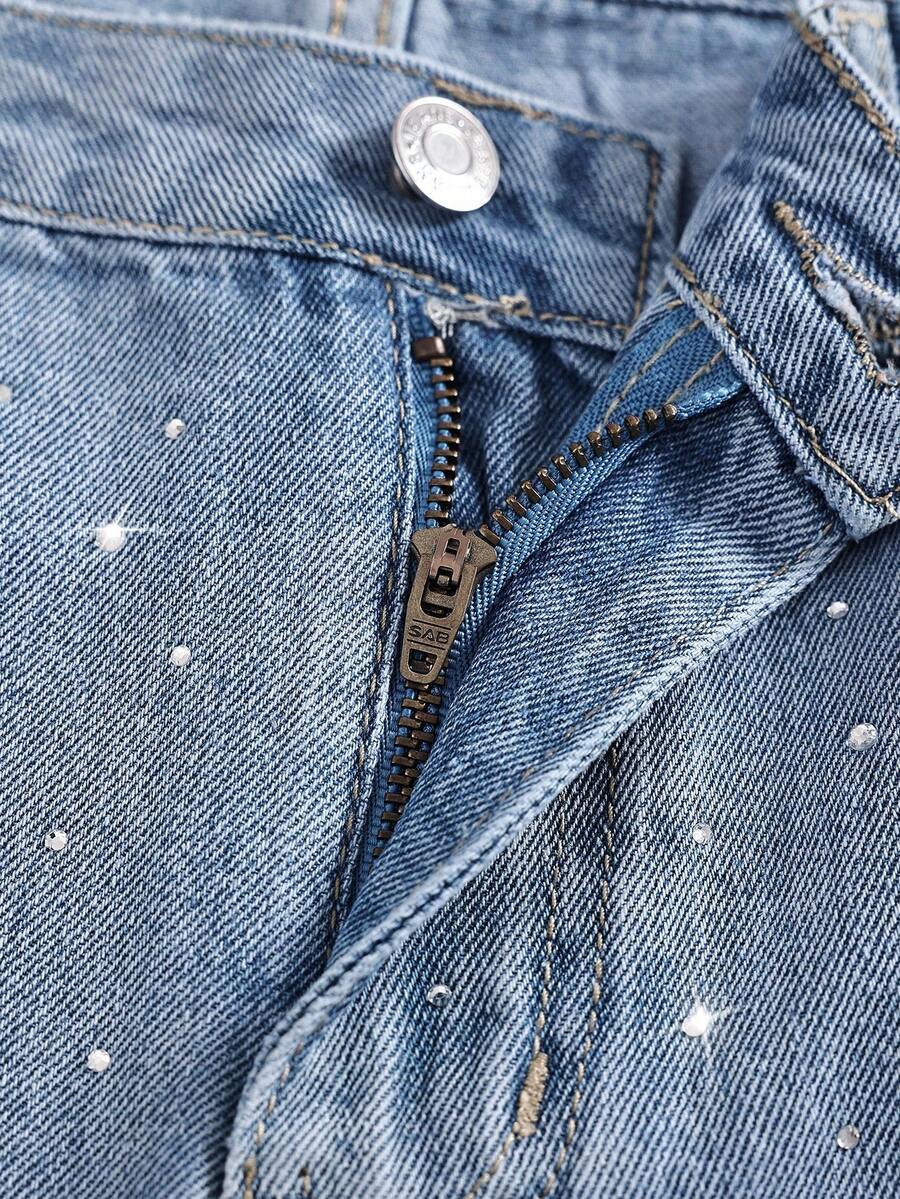 Women's Rhinestone Embellished Washed Straight Leg Denim Shorts - Light Wash - View 5