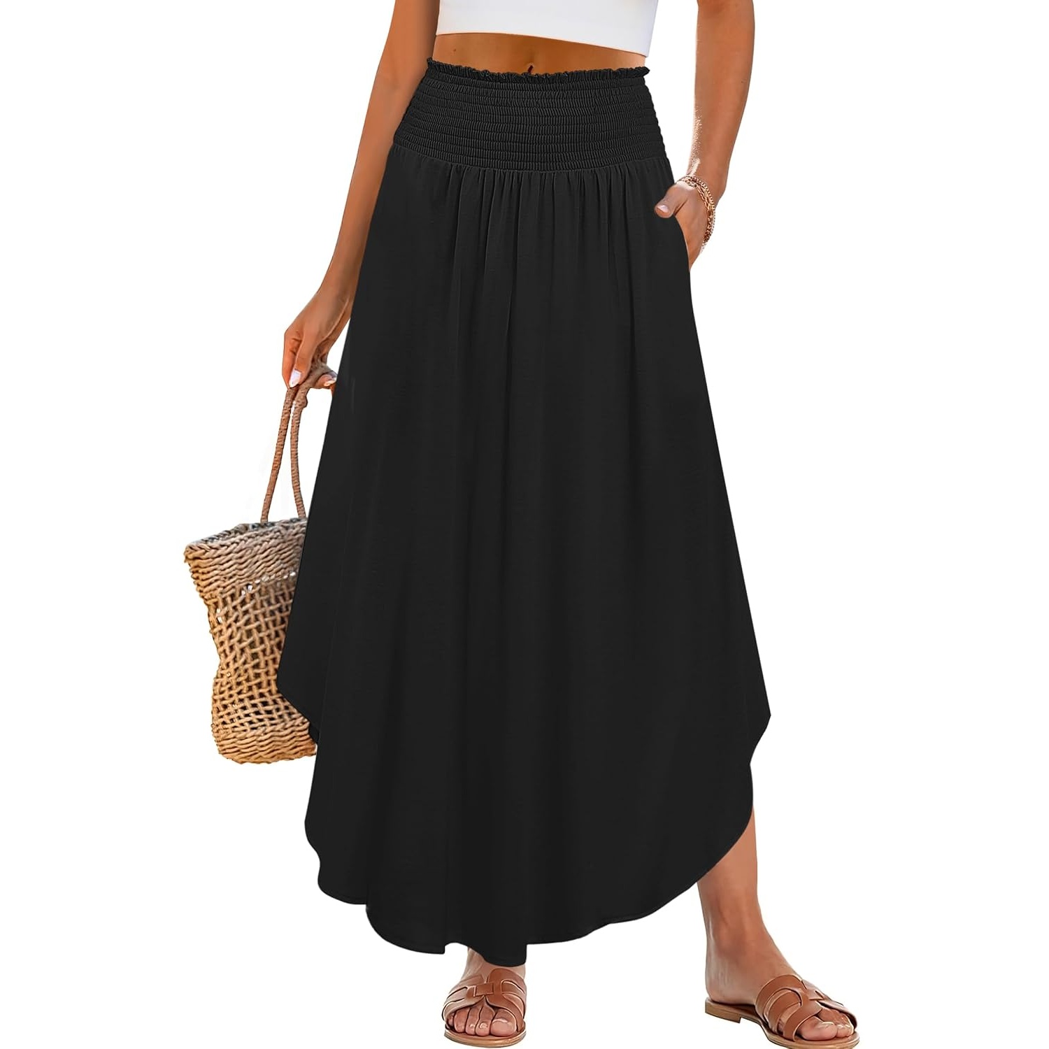 Summer Boho Floral Flowy Pleated Maxi Skirts With Pockets For Women