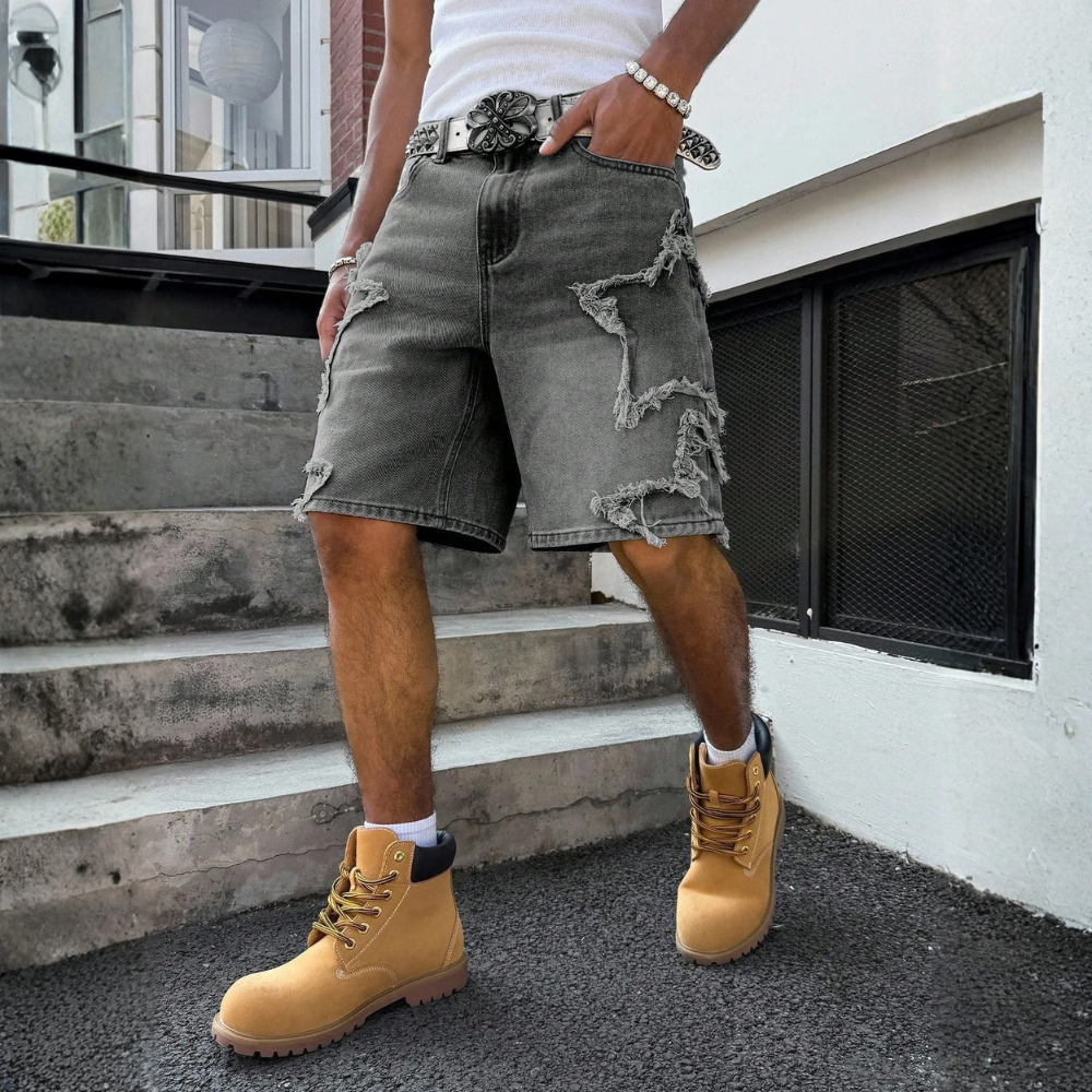 Men’s Distressed Wide Leg Denim Shorts Streetwear