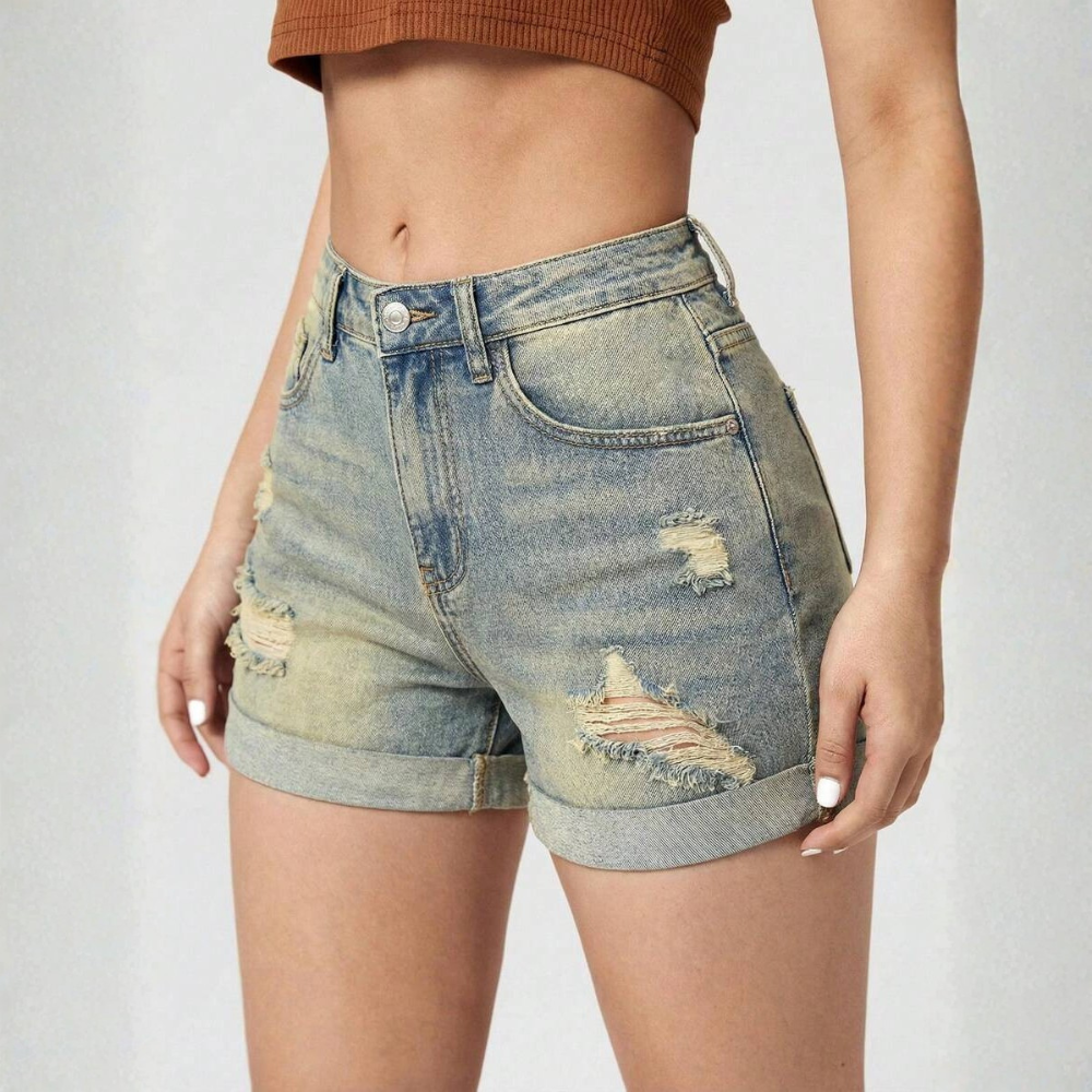 High Waist Frayed Edge Denim Shorts For Womens