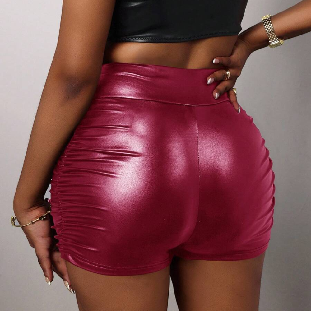 Elegant High Faux Leather Pleated Slim Shorts For Women
