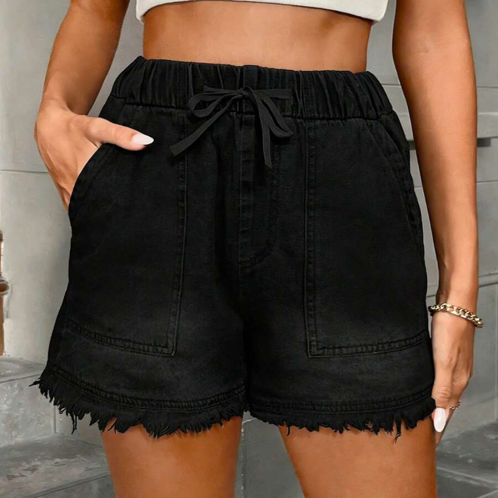 Casual Drawstring Frayed Hem Denim Shorts For Women