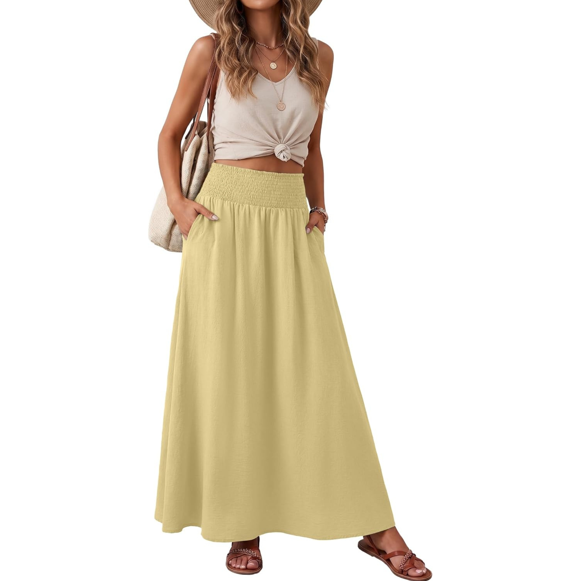 High Rise Pleated Boho Maxi Skirt With Pockets